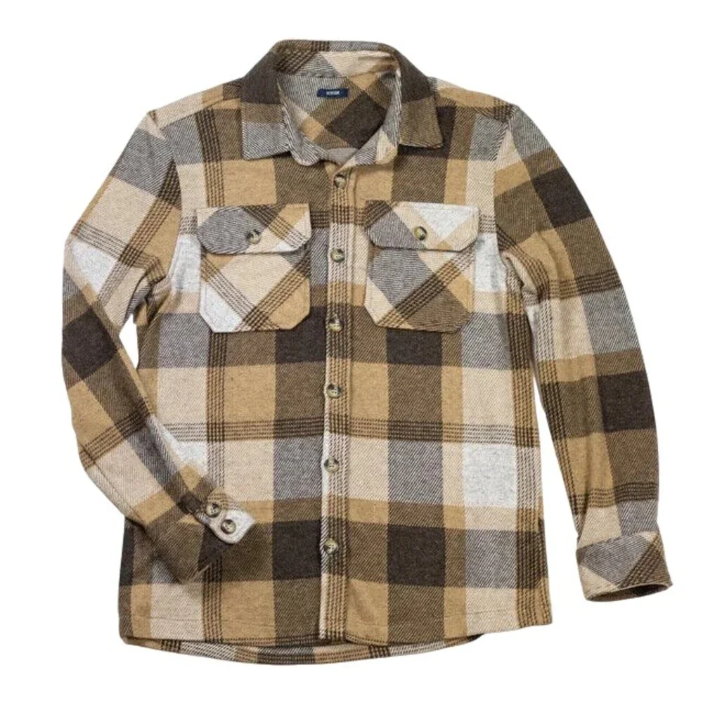 Benson Shirt Mens XL Brown Vienna Plaid Jersey Button Down Overshirt NWT $195